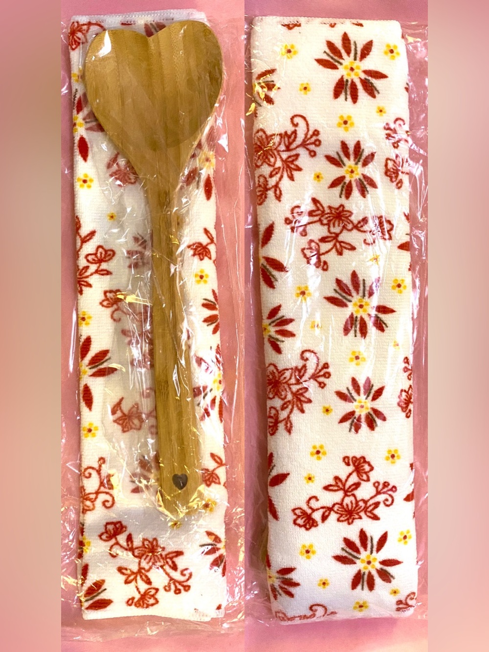 Temp-Tations Temptations Festive Red White Towel Dry Mat Bamboo Wood Heart Spoon